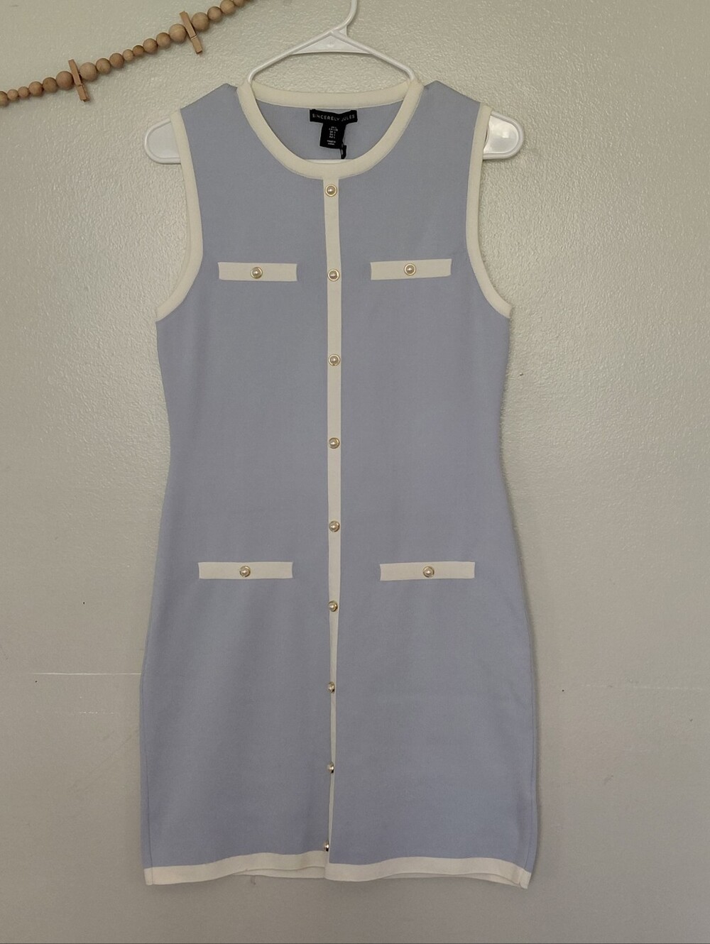 Sincerely Jules Periwinkle Pearl Button Front Bodycon Sleevless Mini Dress NWT